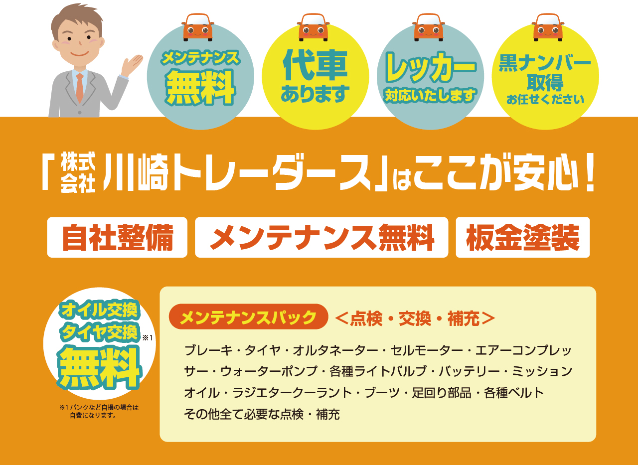 代車あります レッカー対応 黒ナンバー取得　「川崎トレーダース」はここが安心！ 自社整備 メンテナンス無料 板金塗装 オイル交換 タイヤ交換 無料 ブレーキ・タイヤ・オルタネーター・セルモーター・エアーコンプレッサー・ウォーターポンプ・各種ライトバルブ・バッテリー・ミッションオイル・ラジエタークーラント・ブーツ・足回り部品・各種ベルト その他全て必要な点検・補充